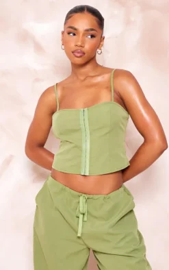 Olive Woven Hook & Eye Fastening Strappy Corset