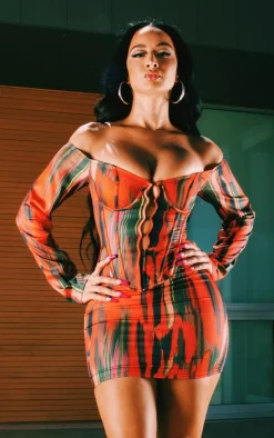 Orange Abstract Print Bardot Corset