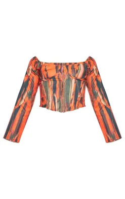 Orange Abstract Print Bardot Corset
