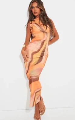 Orange Abstract Print Mesh Racer Neck Midaxi Dress
