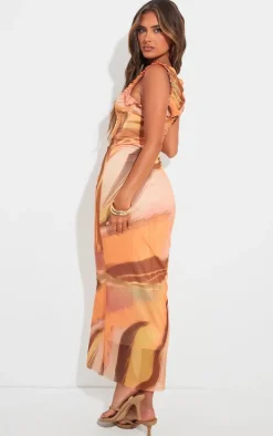 Orange Abstract Print Mesh Racer Neck Midaxi Dress