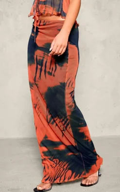 Orange Abstract Print Mesh Low Rise Maxi Skirt