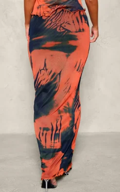 Orange Abstract Print Mesh Low Rise Maxi Skirt