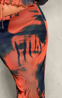 Orange Abstract Print Mesh Low Rise Maxi Skirt
