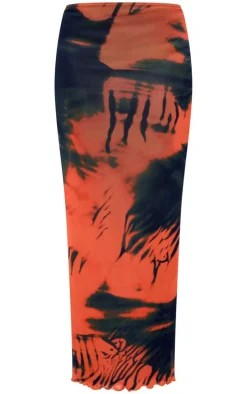 Orange Abstract Print Mesh Low Rise Maxi Skirt