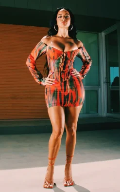 Orange Abstract Print Mini Skirt