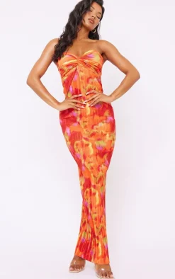 Orange Abstract Print Plisse Knot Bandeau Maxi Dress