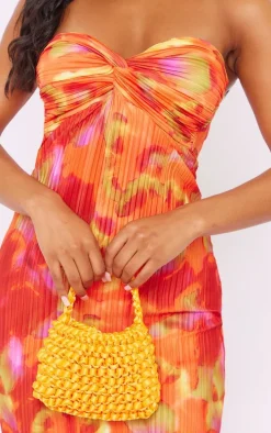 Orange Abstract Print Plisse Knot Bandeau Maxi Dress