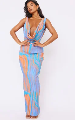 Orange Abstract Print Plisse Cowl Plunge Maxi Dress