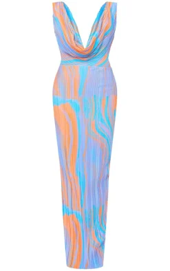 Orange Abstract Print Plisse Cowl Plunge Maxi Dress