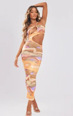 Orange Abstract Print Slinky Ring Detail Cut Out Maxi Dress