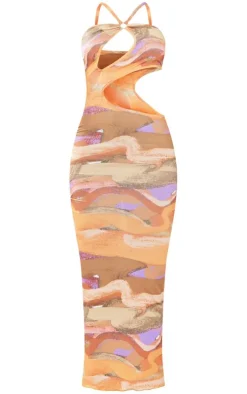Orange Abstract Print Slinky Ring Detail Cut Out Maxi Dress