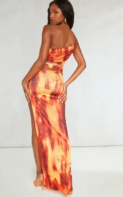Orange Abstract Print Slinky Multi Cut Out Midaxi Dress