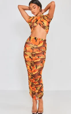 Orange Abstract Printed Mesh Ruched Midaxi Skirt