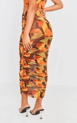 Orange Abstract Printed Mesh Ruched Midaxi Skirt