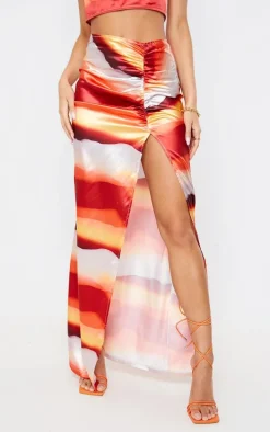 Orange Abstract Printed Satin Ruched Side Split Leg Midaxi Skirt