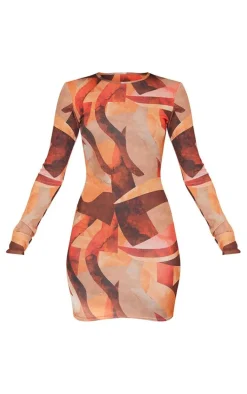 Orange Abstract Ribbed Long Sleeve Bodycon Dress