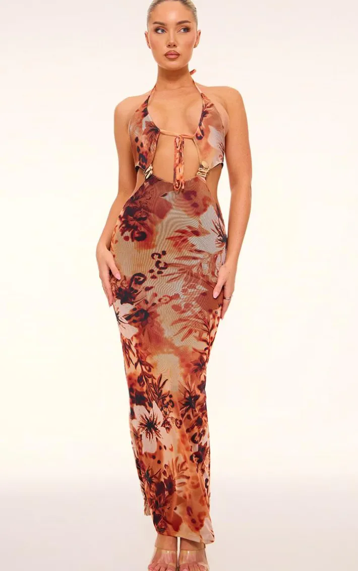Orange Animal Print Mesh Trim Detail Cut Out Maxi Dress
