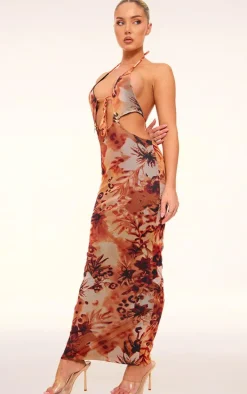 Orange Animal Print Mesh Trim Detail Cut Out Maxi Dress