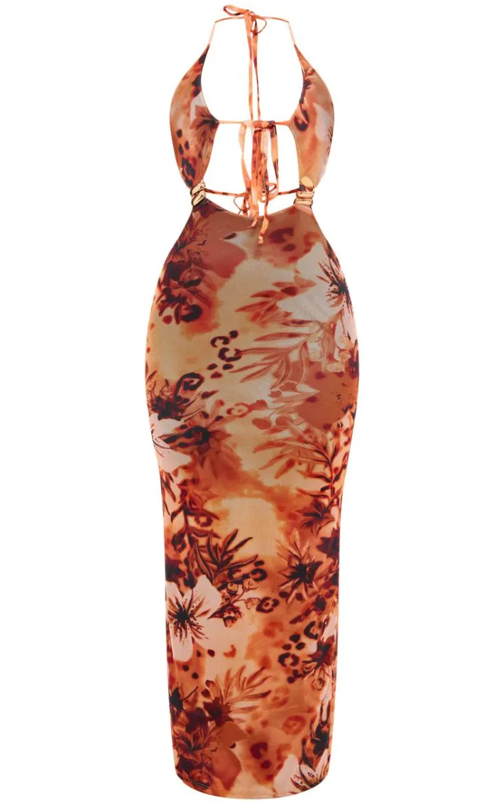 Orange Animal Print Mesh Trim Detail Cut Out Maxi Dress