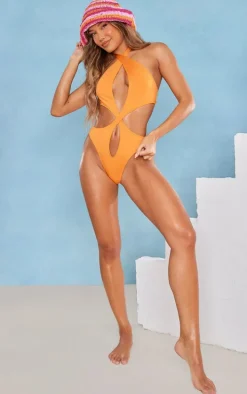 Orange Asymmetric Strap Cut Out Swimsuit