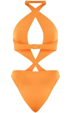 Orange Asymmetric Strap Cut Out Swimsuit