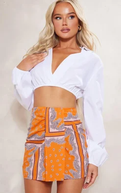 Orange Aztec Printed Drape Front Mini Skirt