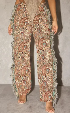 Orange Aztec Printed Jacquard Twill Tassel Side Pants