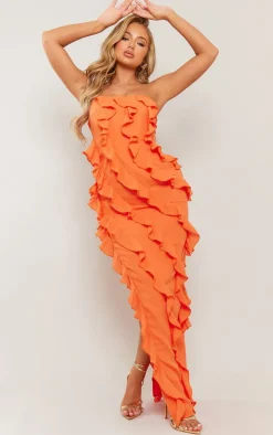 Orange Bandeau Asymmetric Frill Detail Maxi Dress