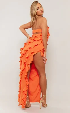 Orange Bandeau Asymmetric Frill Detail Maxi Dress