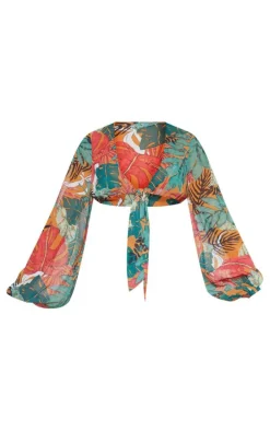 Orange Big Leaf Tie Front Beach Top