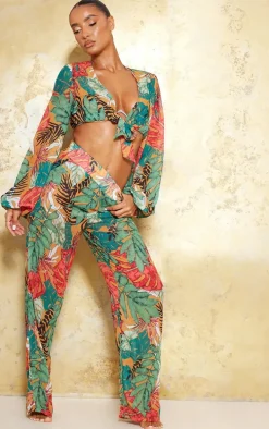 Orange Big Leaf Wide Leg Beach Pants