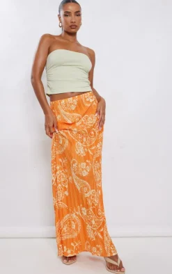 Orange Blurred Floral Printed Plisse Maxi Skirt