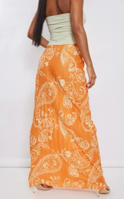 Orange Blurred Floral Printed Plisse Maxi Skirt