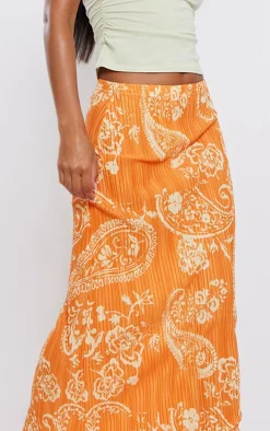 Orange Blurred Floral Printed Plisse Maxi Skirt
