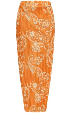 Orange Blurred Floral Printed Plisse Maxi Skirt