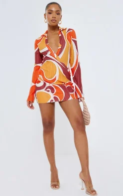 Orange Blurred Print Plisse Plunge Drape Shirt Dress