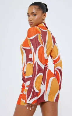 Orange Blurred Print Plisse Plunge Drape Shirt Dress