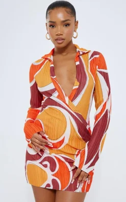 Orange Blurred Print Plisse Plunge Drape Shirt Dress