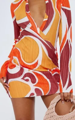 Orange Blurred Print Plisse Plunge Drape Shirt Dress