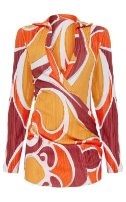 Orange Blurred Print Plisse Plunge Drape Shirt Dress
