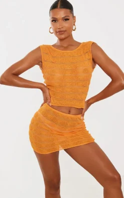 Orange Bobble Textured Sheer Knit Mini Skirt