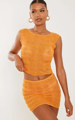 Orange Bobble Textured Sheer Knit Open Back Top