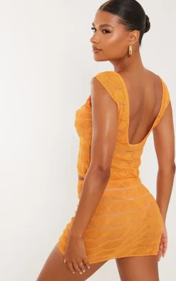 Orange Bobble Textured Sheer Knit Open Back Top