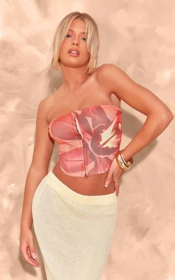 Orange Boned Flower Printed Mesh Bandeau