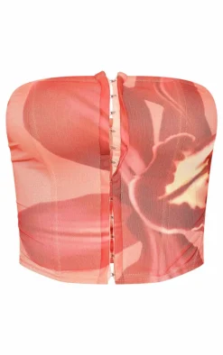 Orange Boned Flower Printed Mesh Bandeau