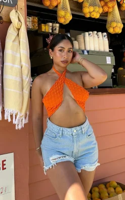 Orange Bubble Textured Knit Cross Front Top