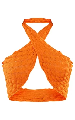Orange Bubble Textured Knit Cross Front Top