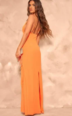 Orange Chiffon Floral Detail Maxi Dress