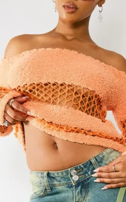 Orange Contrast Mixed Open & Fluffy Knit Top